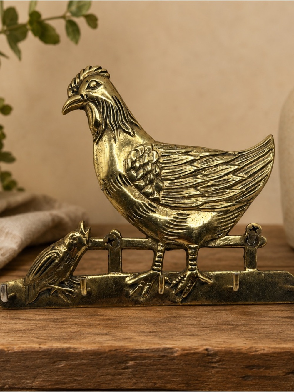 Vintage Brass Chicken with chick Key Holder Wall Hook  Farmhouse Country Decor